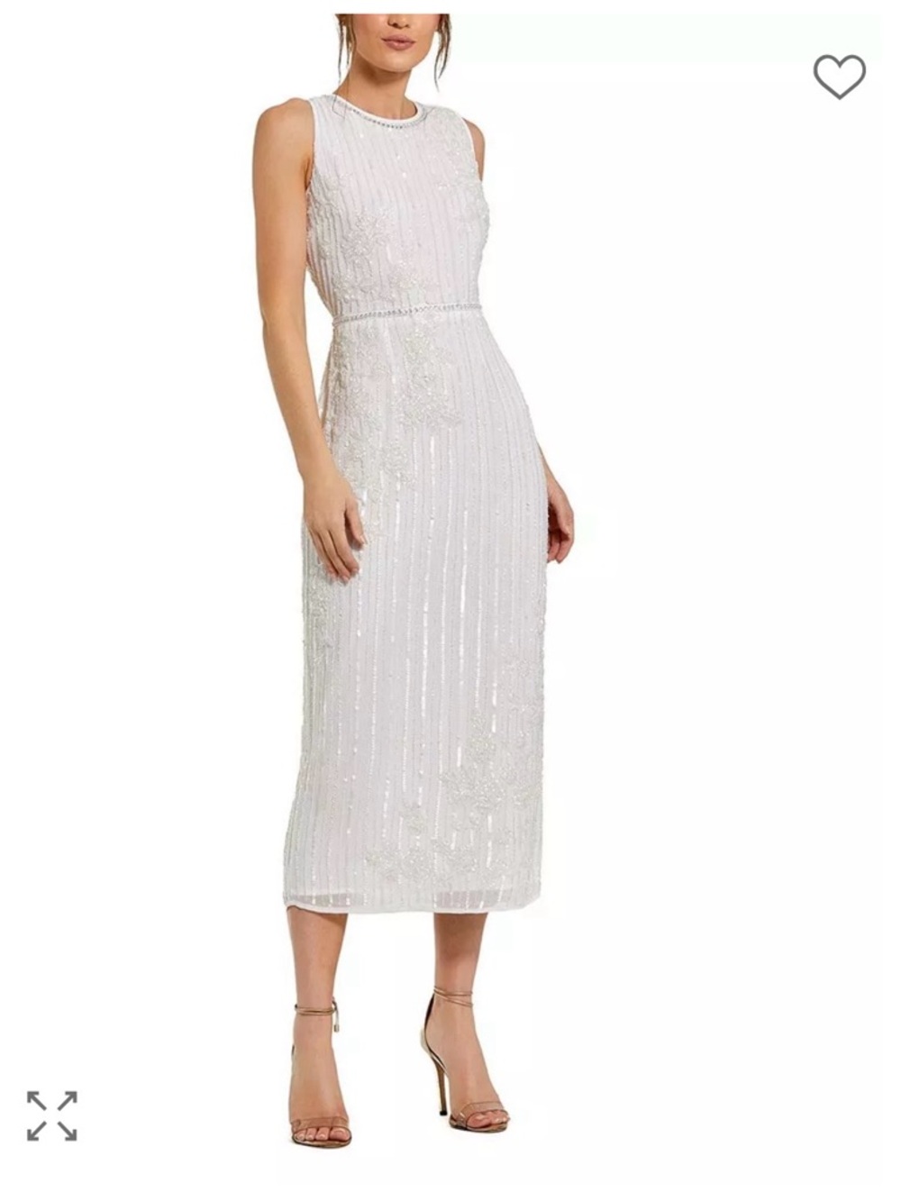 Mac Duggal White Beaded Striped Floral Sleeveless Midi Dress